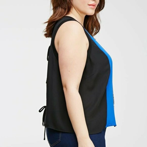 FOREVER 21 Plus Size 2x Black Blue Colorblocked Print Blouse Sheer Open Back - Picture 2 of 7